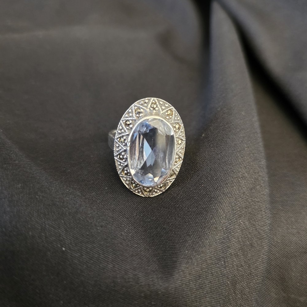 Vintage 1990s Sterling Silver Marcasite Ring with Blue Glass Stone